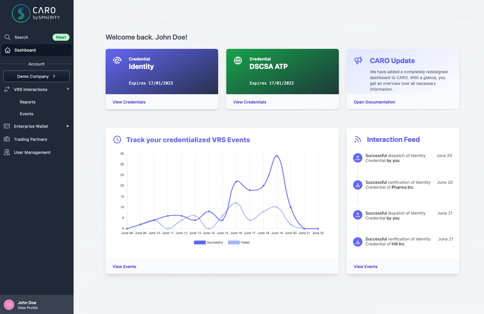 Spherity's Credentialing Service, CARO, application interface