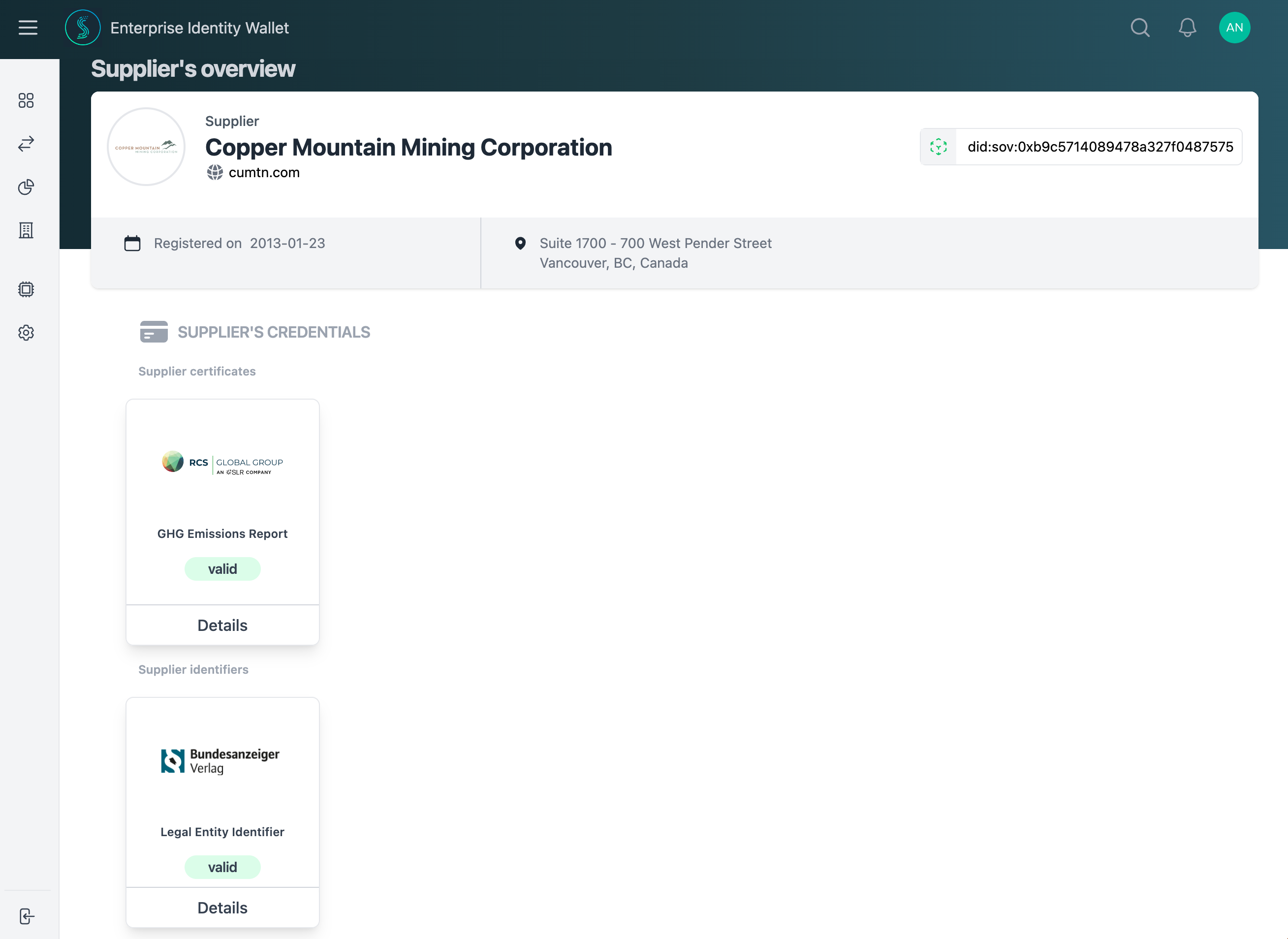 Enterprise Identity Wallet application interface